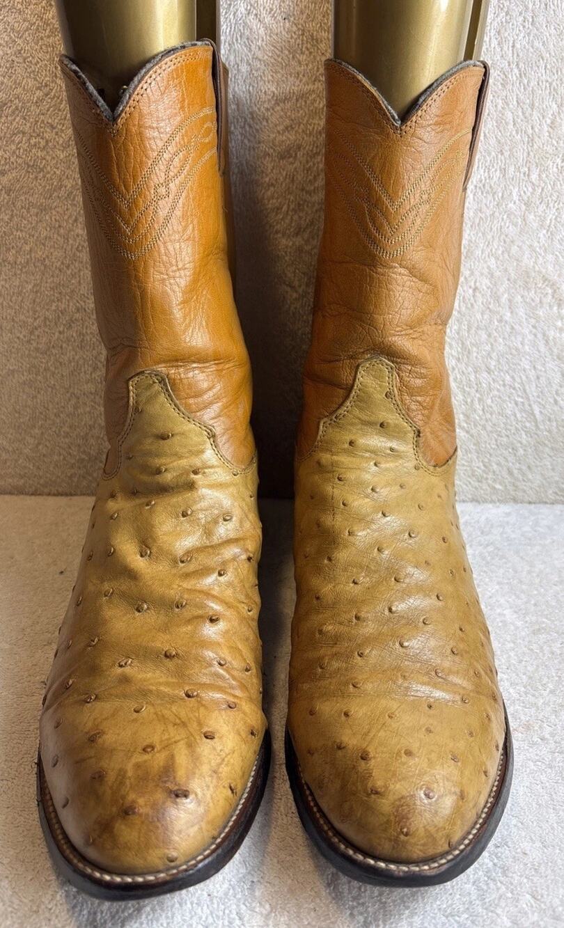 Vintage Justin Mens Full Quill Ostrich Cognac Roper Boots Size 10.5 D J90164